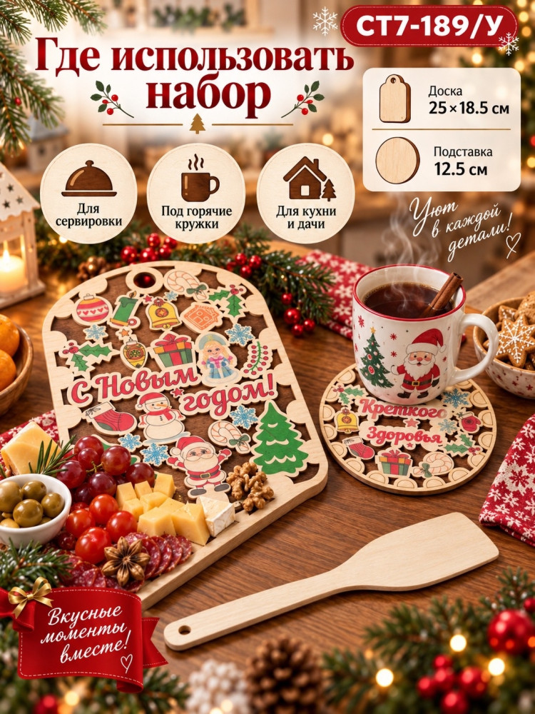 Набор для кухни: доска + подставка под горячее + деревянная лопатка