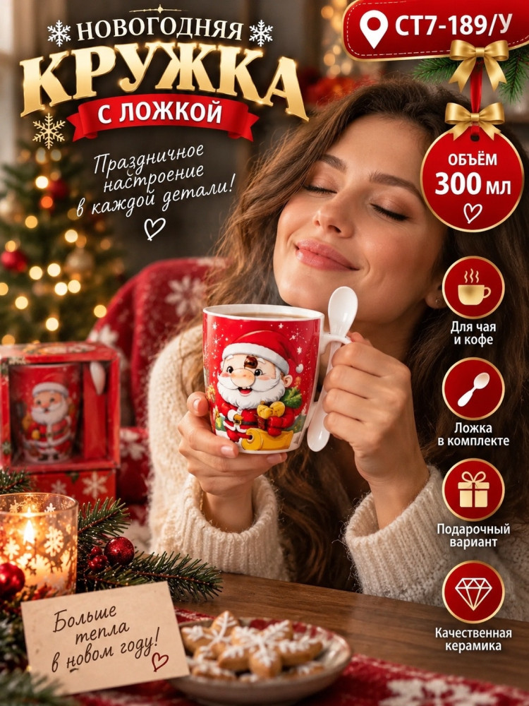 Новогодняя керамическая кружка с ложкой